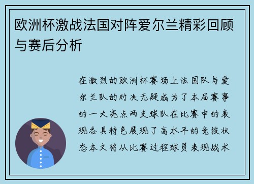 欧洲杯激战法国对阵爱尔兰精彩回顾与赛后分析