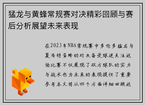 猛龙与黄蜂常规赛对决精彩回顾与赛后分析展望未来表现