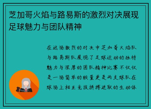 芝加哥火焰与路易斯的激烈对决展现足球魅力与团队精神